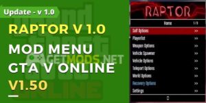 Raptor V1.0 MOD MENU GTA V ONLINE 1.50